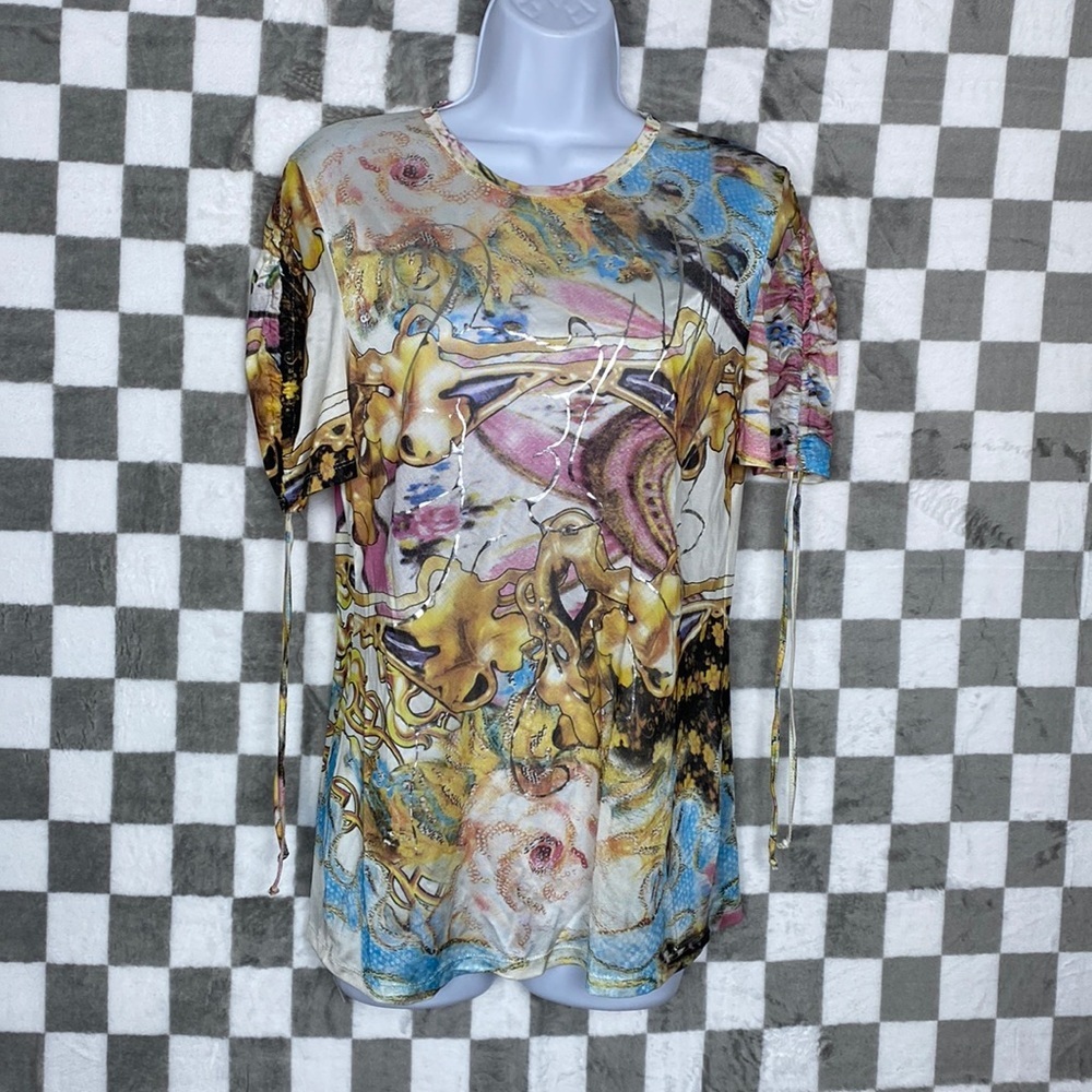 Cappopera shirt 46 Italian Viscose light T-shirt drawstring Silver metallic